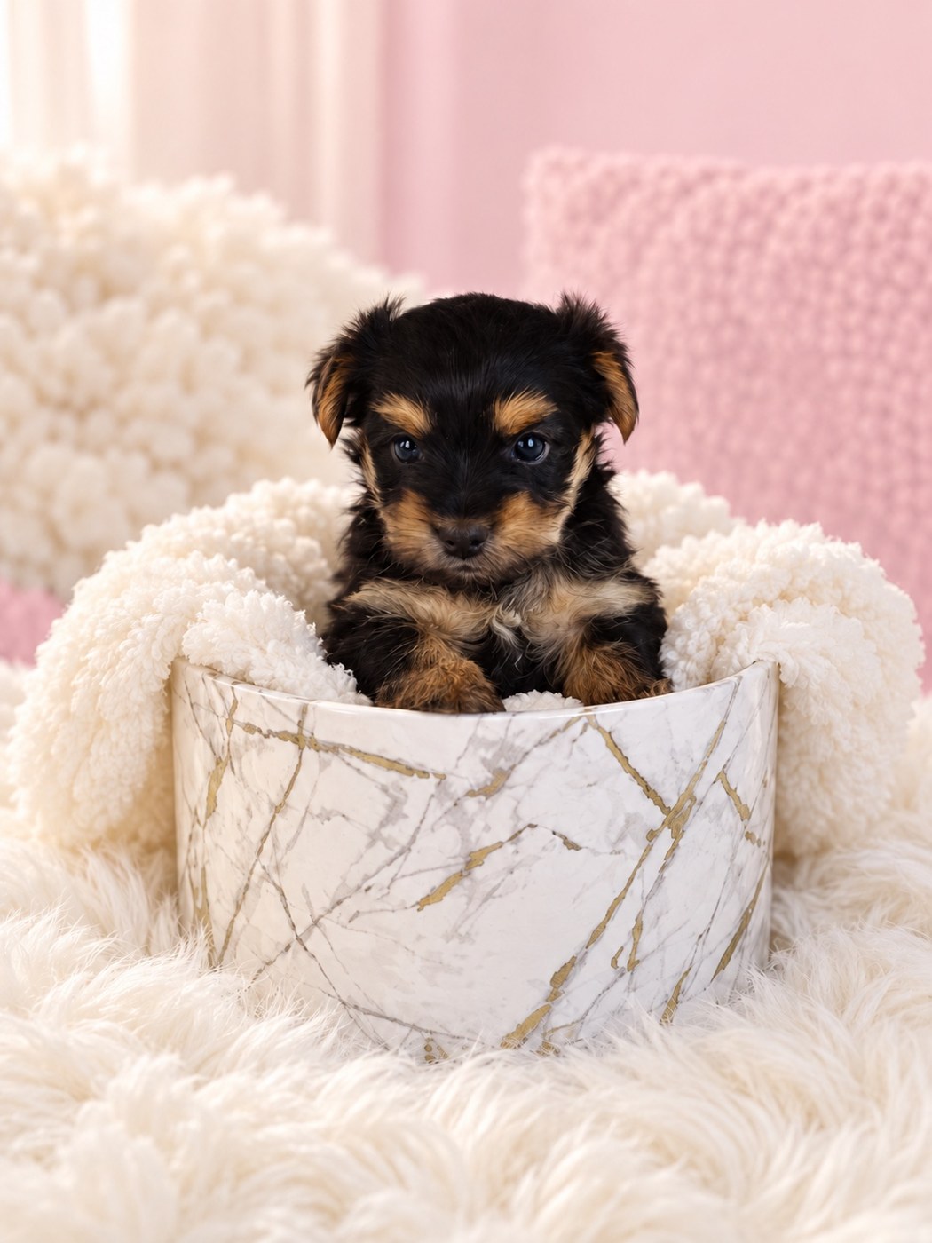 Royal, a black and tan female Yorkshire Terrier puppy against a soft pink background